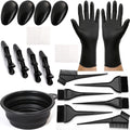 Borogo Professional Salon Hair Coloring Dyeing Kit front view showcasing nineteen pieces of black styling tools including mixing bowl and brushes.