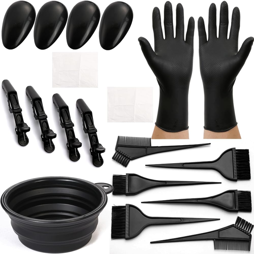Borogo Professional Salon Hair Coloring Dyeing Kit front view showcasing nineteen pieces of black styling tools including mixing bowl and brushes.