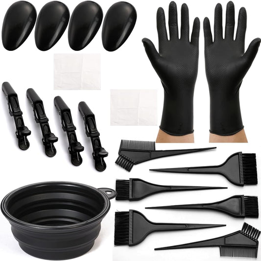 Borogo Professional Salon Hair Coloring Dyeing Kit front view showcasing nineteen pieces of black styling tools including mixing bowl and brushes.