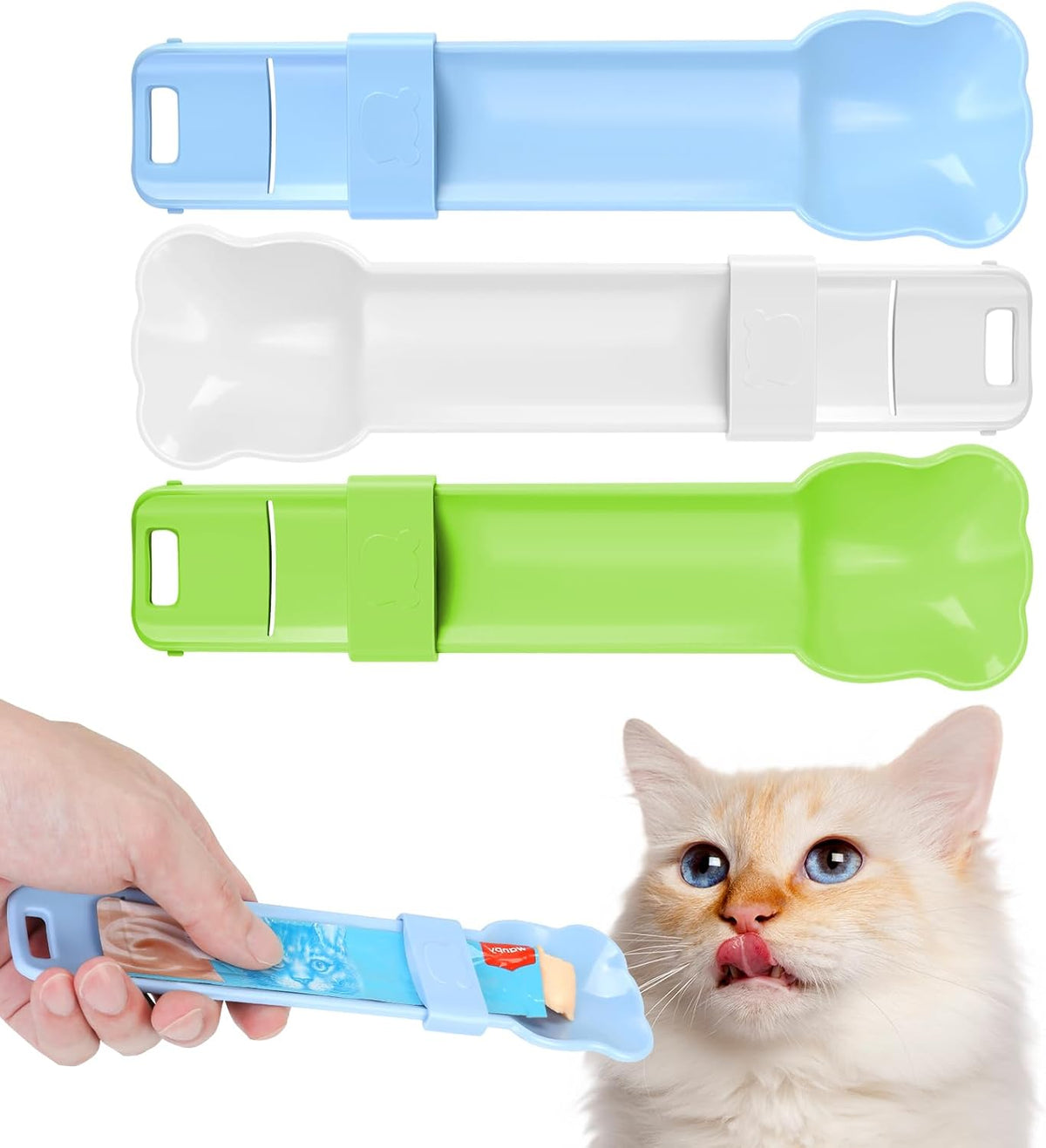 A domestic cat enjoying a clean feeding experience with the imported squeeze spoon