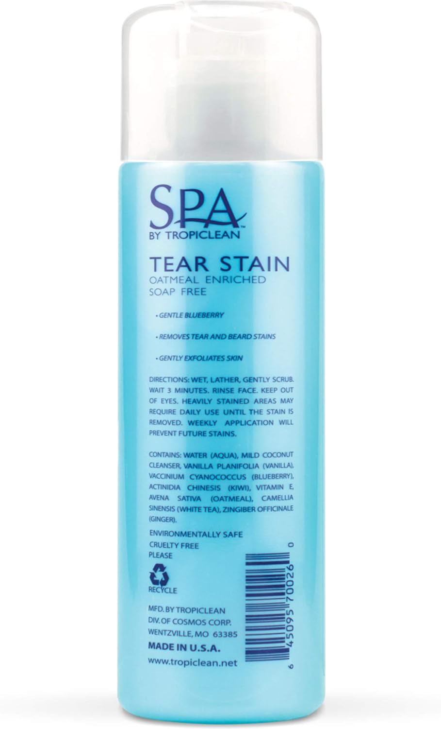 Close up of TropiClean SPA Blueberry Facial Shampoo bottle