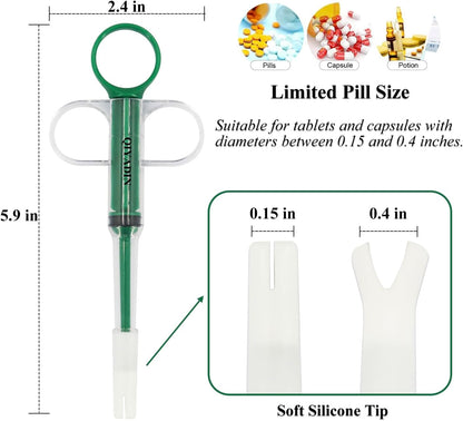 QIYADIN pet pill gun with fixed anti fall soft silicone tip holding a tablet