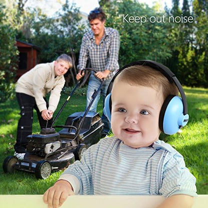 Baby wearing blue BBTKCARE noise cancelling headphones