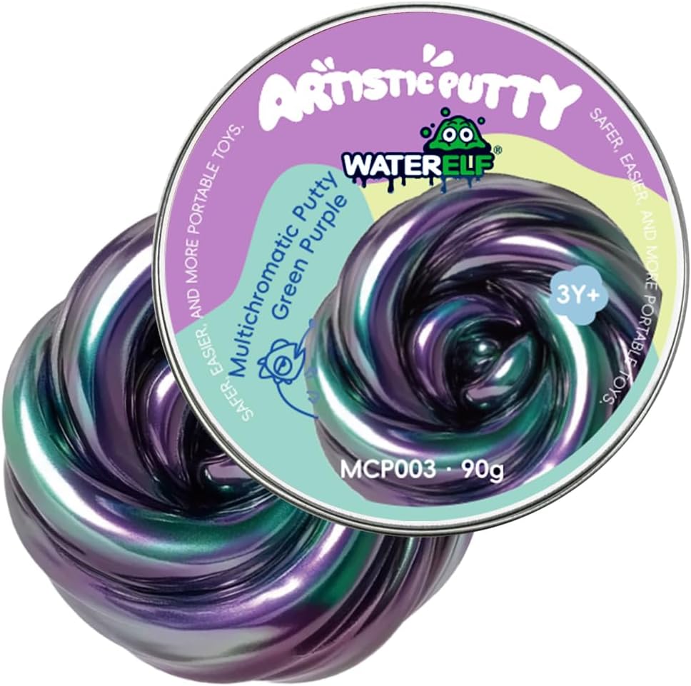 Waterelf Galaxy Multichromatic Putty front view of the green and purple storage tin container.
