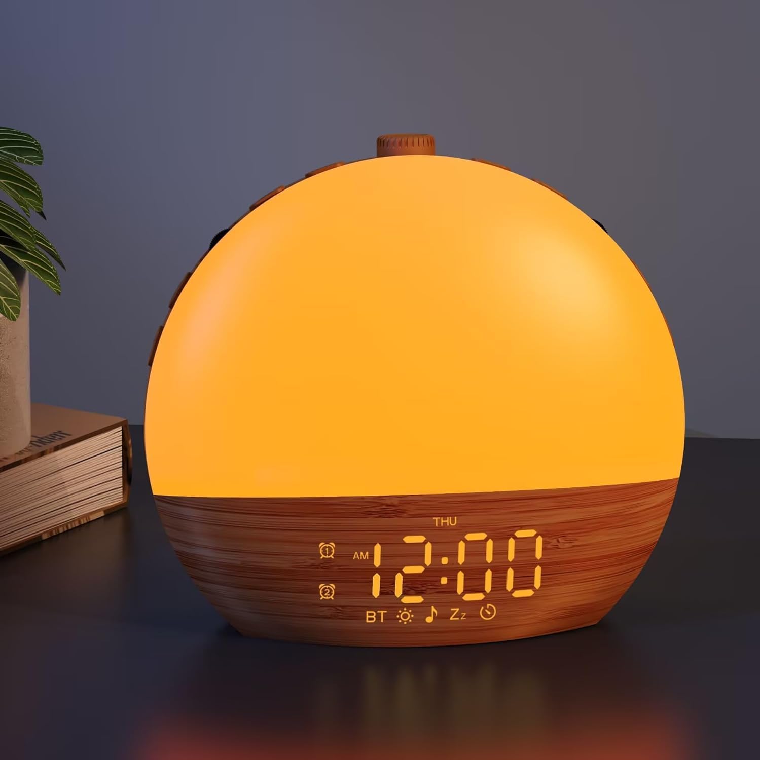 Thybro sunrise alarm clock front view displaying the wood grain finish and warm morning light simulation.