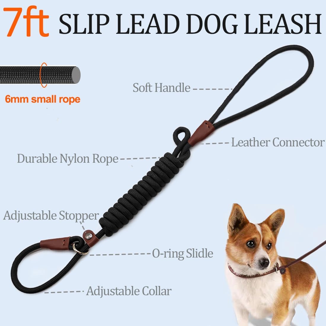 MayPaw nylon rope slip leash showing leather connection and metal ring
