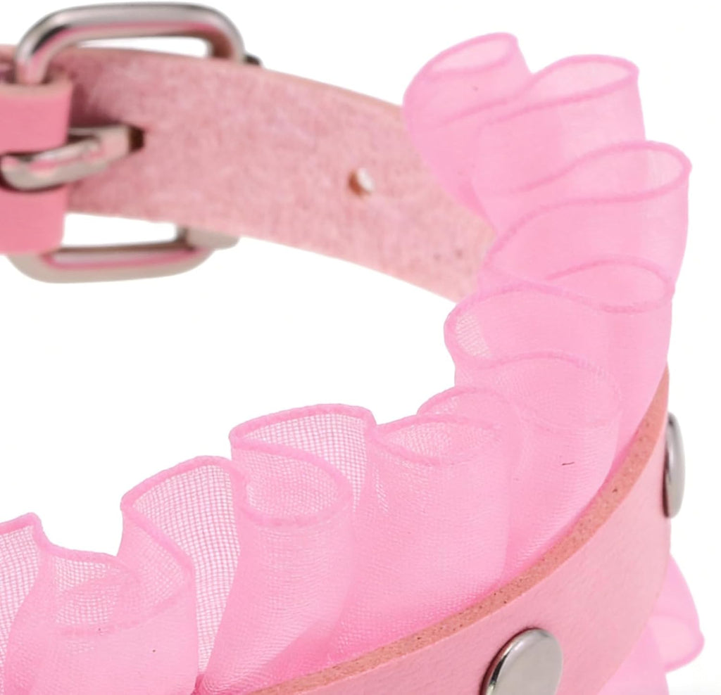 Full view of pink faux leather collar and matching leash set