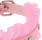 Full view of pink faux leather collar and matching leash set