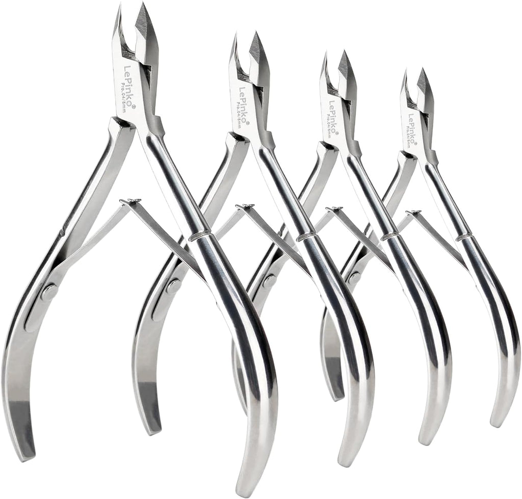 LePinko Upgraded Cuticle Trimmer Kit front view showcasing the four stainless steel nippers.