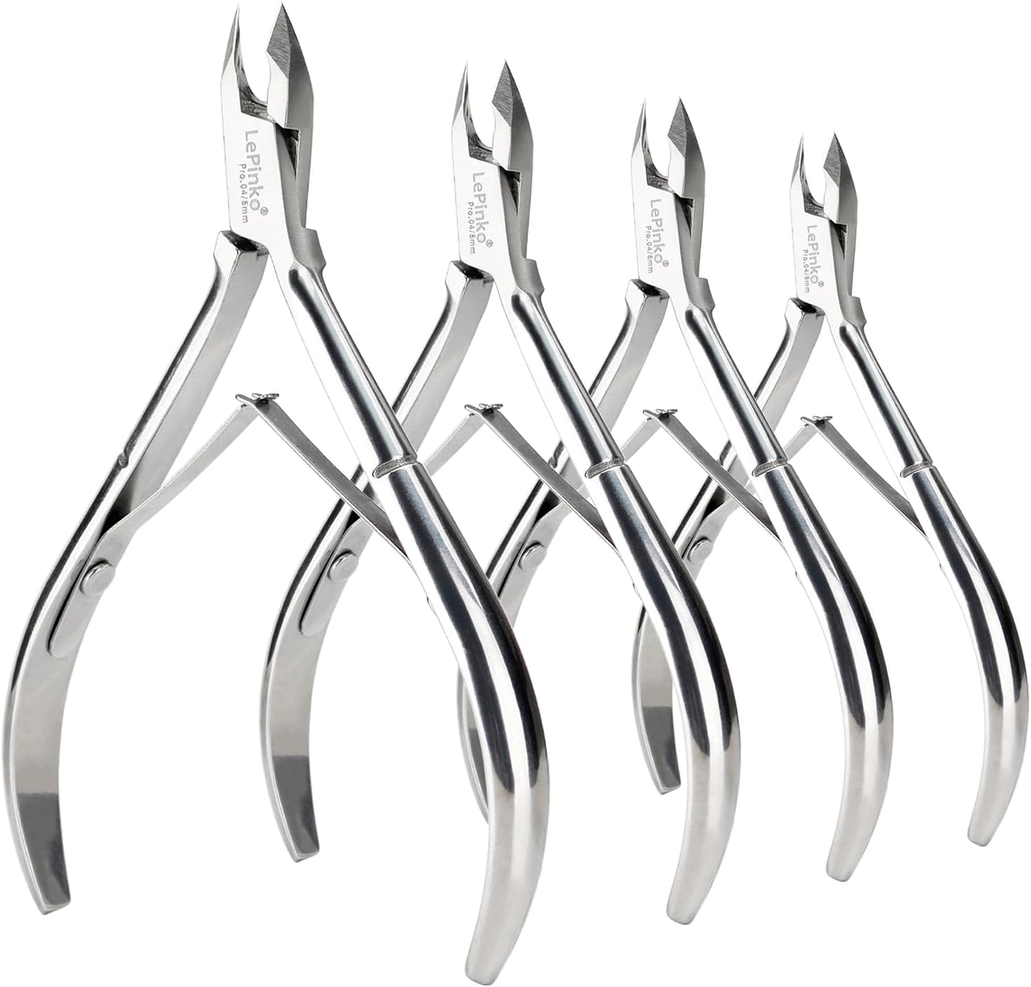 LePinko Upgraded Cuticle Trimmer Kit front view showcasing the four stainless steel nippers.