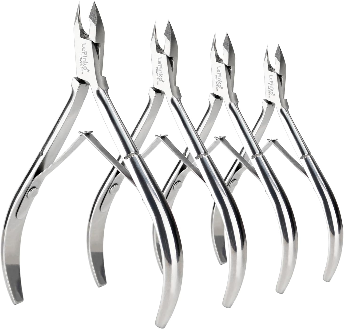 LePinko Upgraded Cuticle Trimmer Kit front view showcasing the four stainless steel nippers.