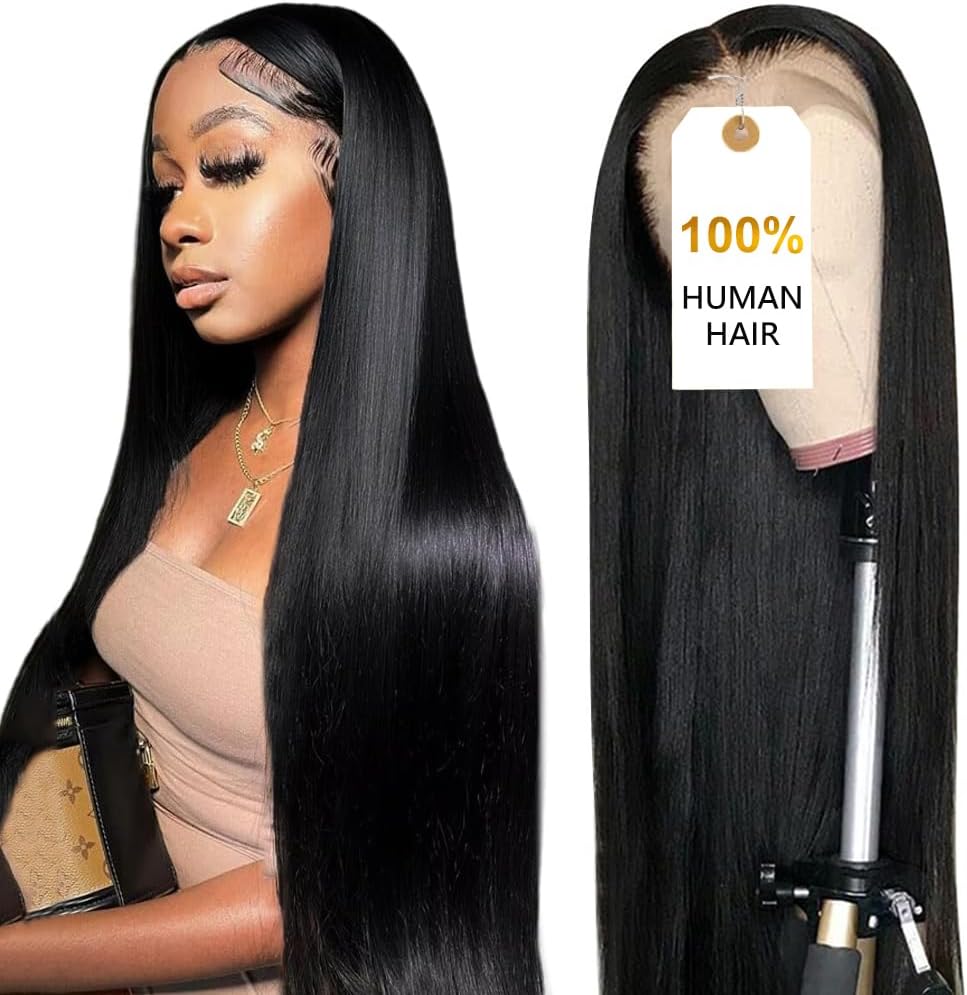 CUTE BEIN 30 Inch Lace Front Human Hair Wig front view showing long silky straight natural black hair
