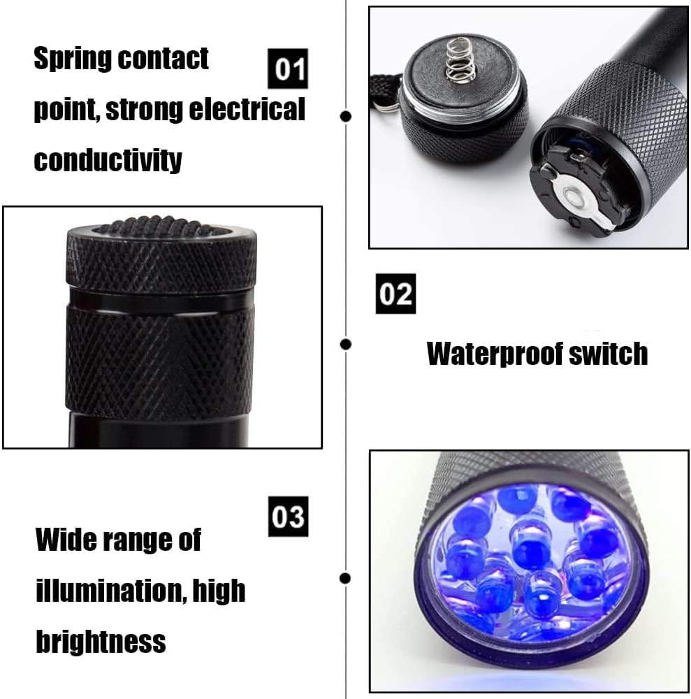 Huazexinx 395nm black light displaying the pet urine stain detection functionality on a carpet.