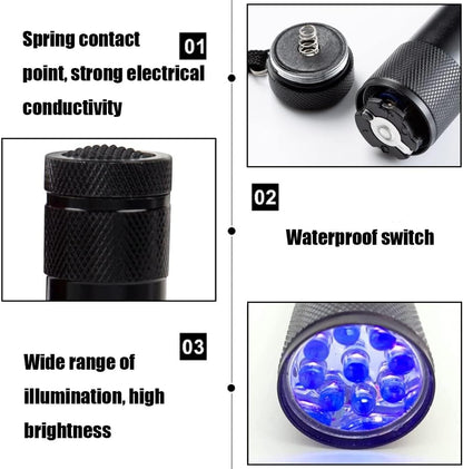 Huazexinx 395nm black light displaying the pet urine stain detection functionality on a carpet.