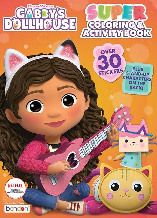 Bendon Gabby's Dollhouse coloring book opened to show a sample puzzle page and maze activity.