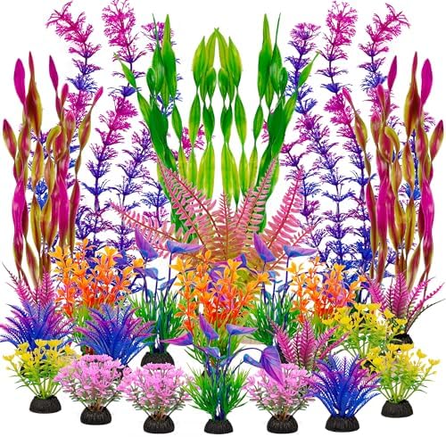 Ameliade artificial plastic fish tank ornaments showing various heights from two to twelve inches tall.