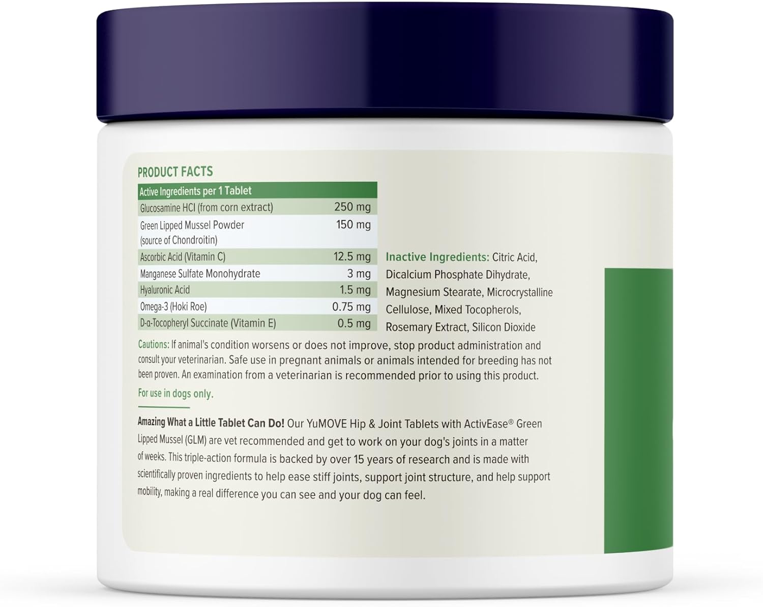 Vet formulated YuMOVE joint protection tablets for dogs showing guaranteed analysis profile