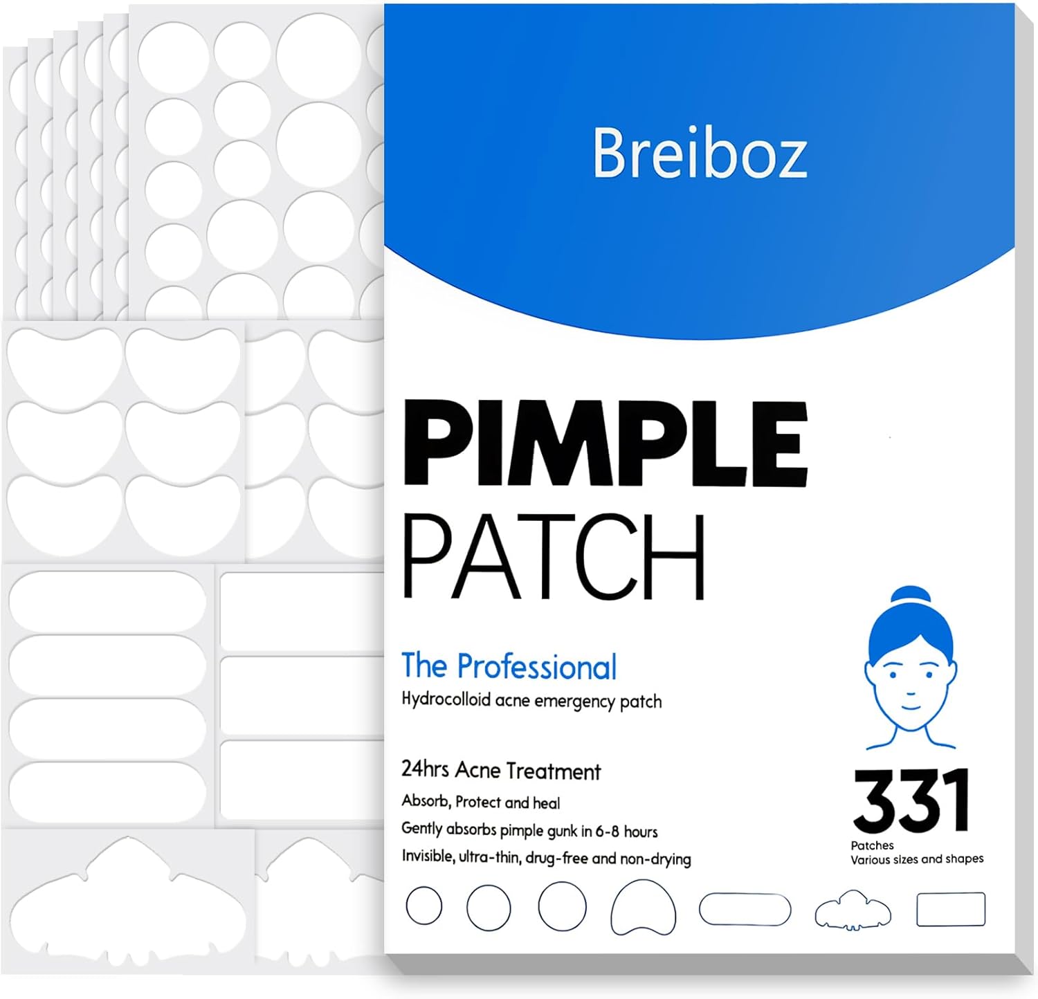 Breiboz large hydrocolloid pimple patches variety pack front packaging showing acne treatment sheets.