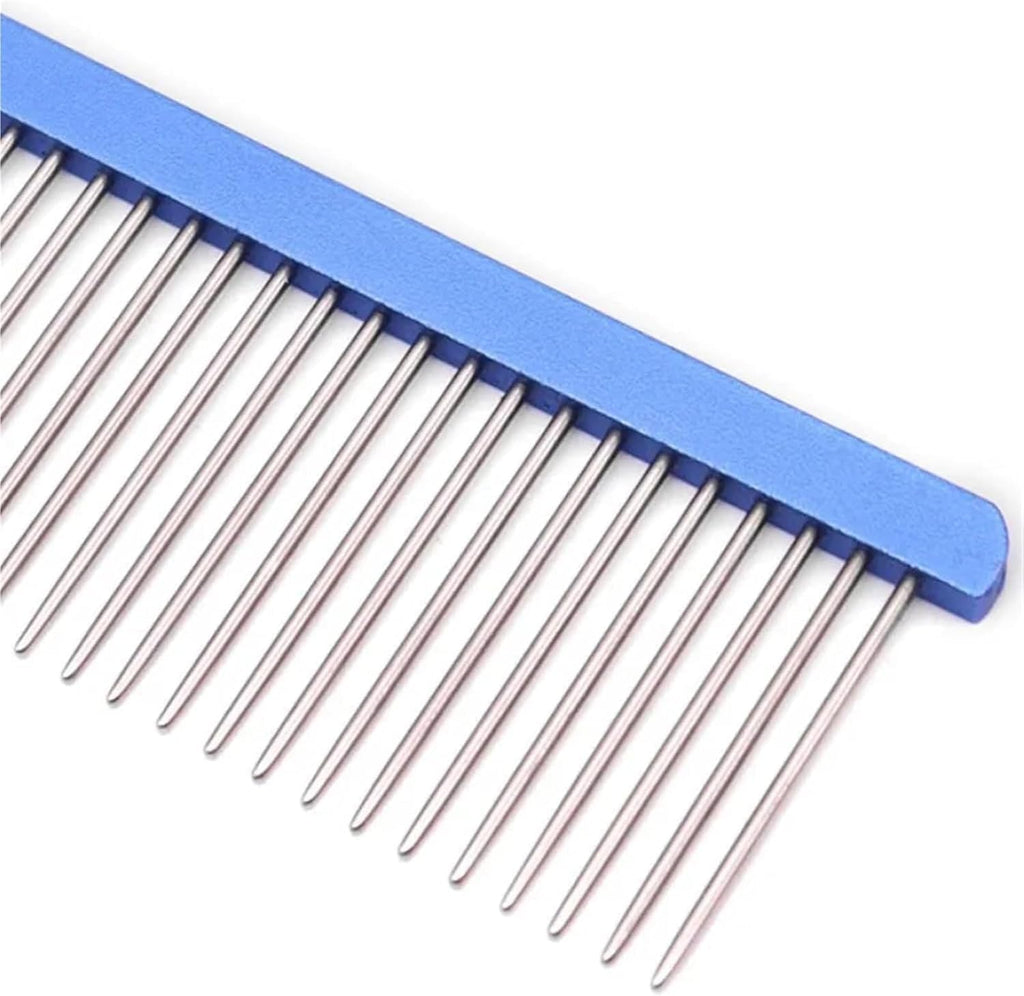 Close-up of the dual-sided rounded ends steel teeth on the professional dog hair remover brush.