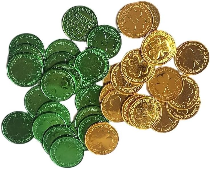 The complete 118 count package of imported St Patricks Day collectible plastic coins