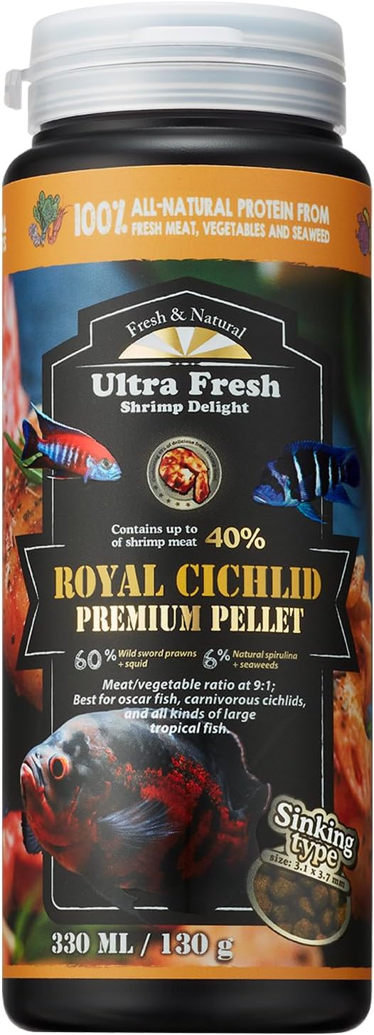 Ultra Fresh Royal Cichlid Premium Pellet sinking fish food jar front view showing carnivore pellets.