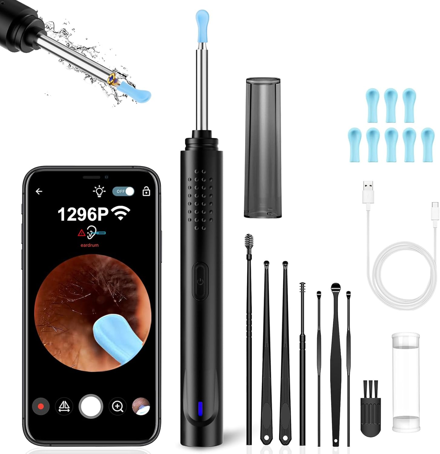 Vasdaren ear wax removal kit with camera showing the 1296P HD lens and light.