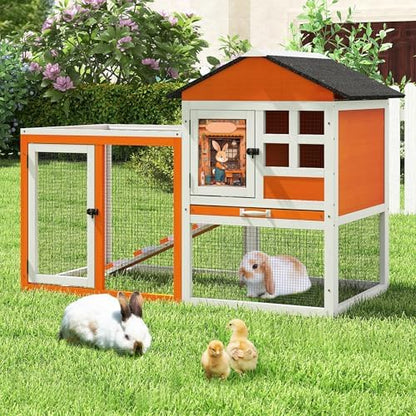 48" L Rabbit Hutch Outdoor Indoor, Expandable 2-Story Large Wooden Bunny Cage with Run, Removale Tray, Top-Opening Waterproof Roof, 2 Doors, DIY Drawing Board, Orange + Colorful Pattern - Image 2