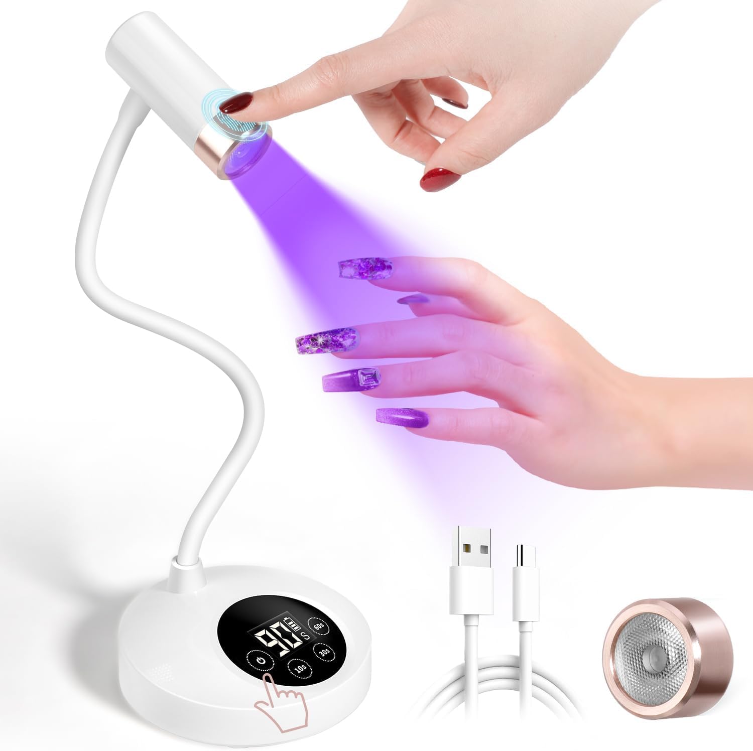 AORAEM UV LED nail lamp front view showcasing white gooseneck design for professional gel manicures.