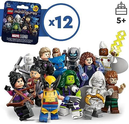 Wolverine and Moon Knight LEGO minifigures assembled with their respective authentic weapons.