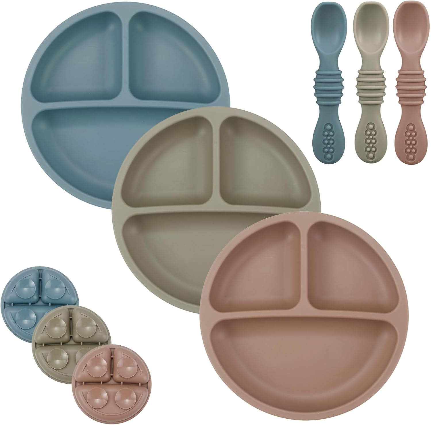 PandaEar 3 pack silicone baby feeding plates and spoons set front view