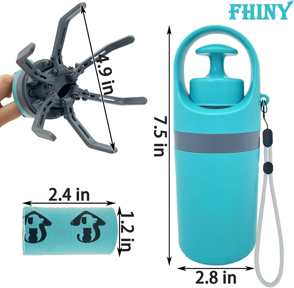 Fhiny no-touch handheld pet cleaner package with the built-in compartment open for bag rolls.