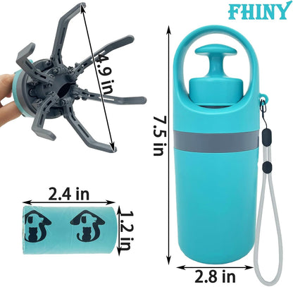 Fhiny no-touch handheld pet cleaner package with the built-in compartment open for bag rolls.