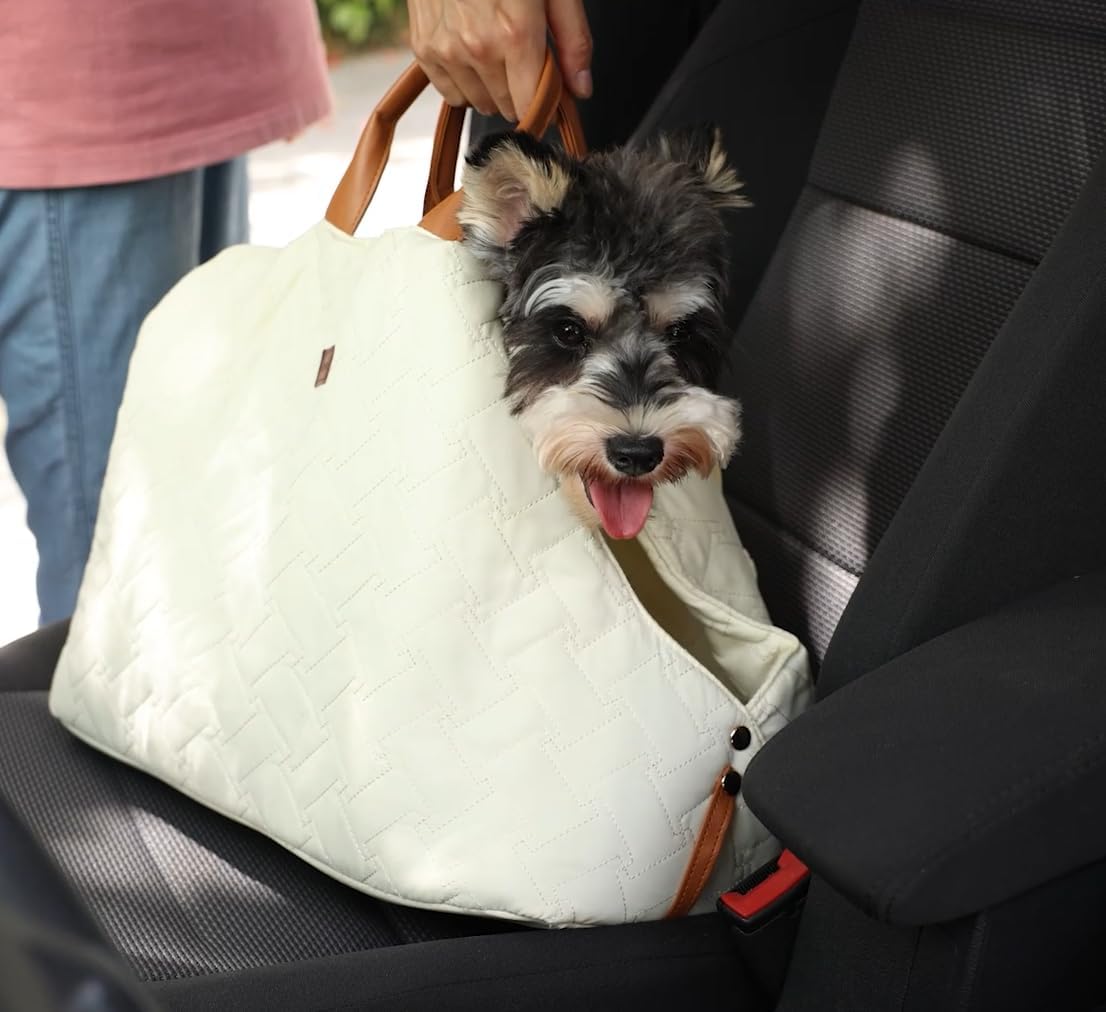 Small dog sitting inside pethaven fashion tote