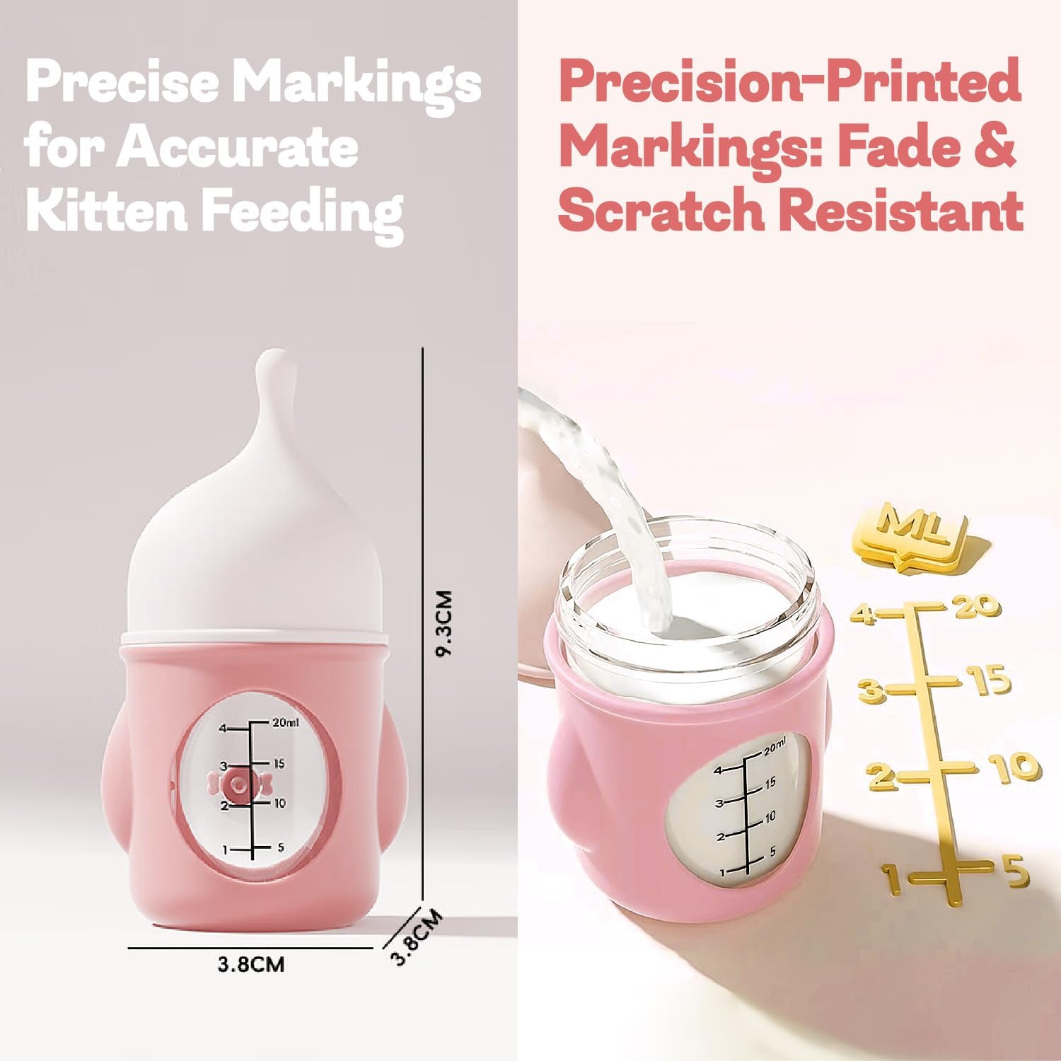 Rock Tech slow flow kitten bottle highlighting the clear volume markings for precise feeding.