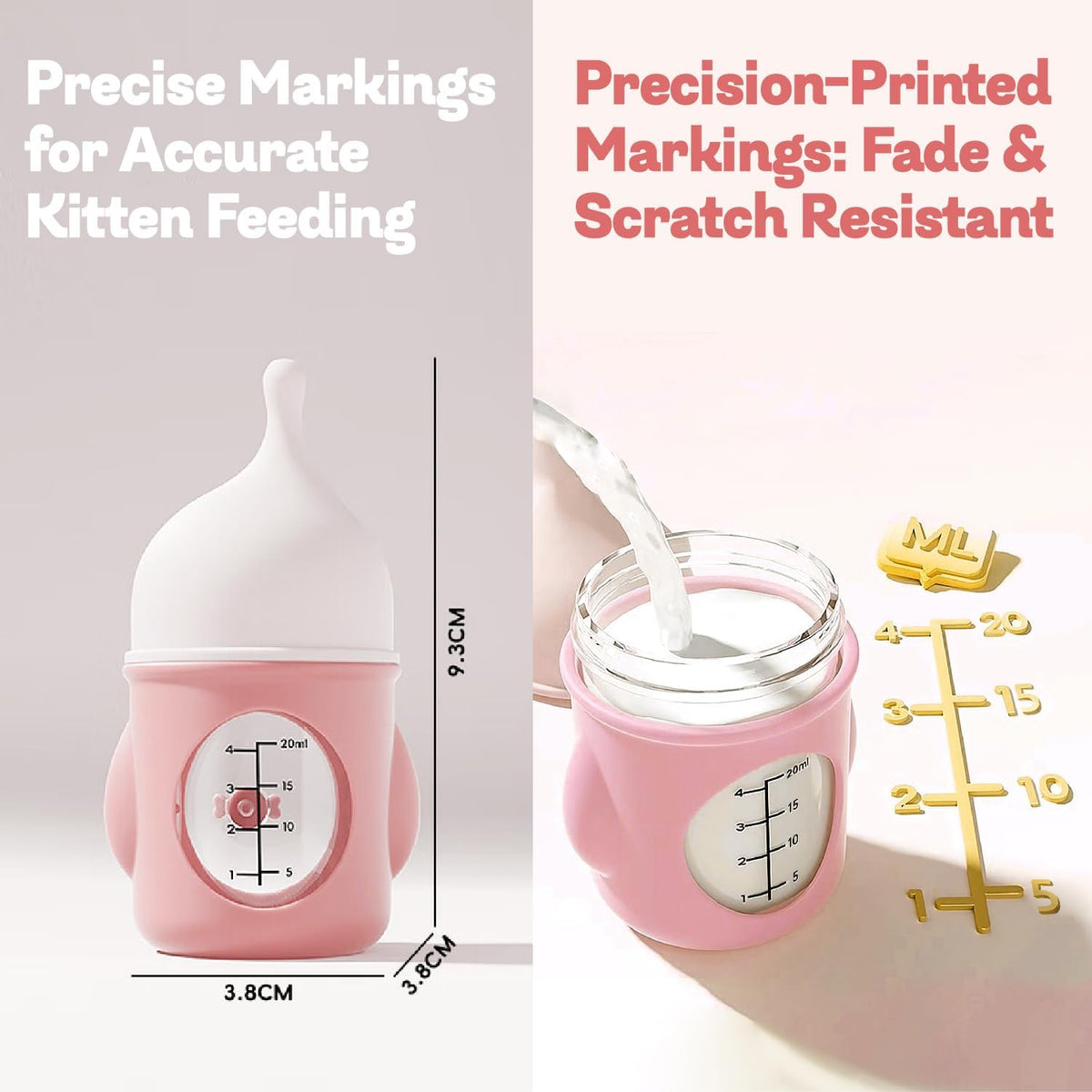 Rock Tech slow flow kitten bottle highlighting the clear volume markings for precise feeding.