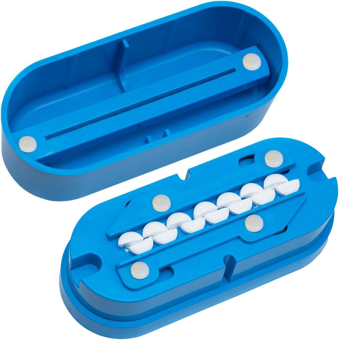 Pillcut multiple pill splitter front view showing the blue plastic body and alignment tray