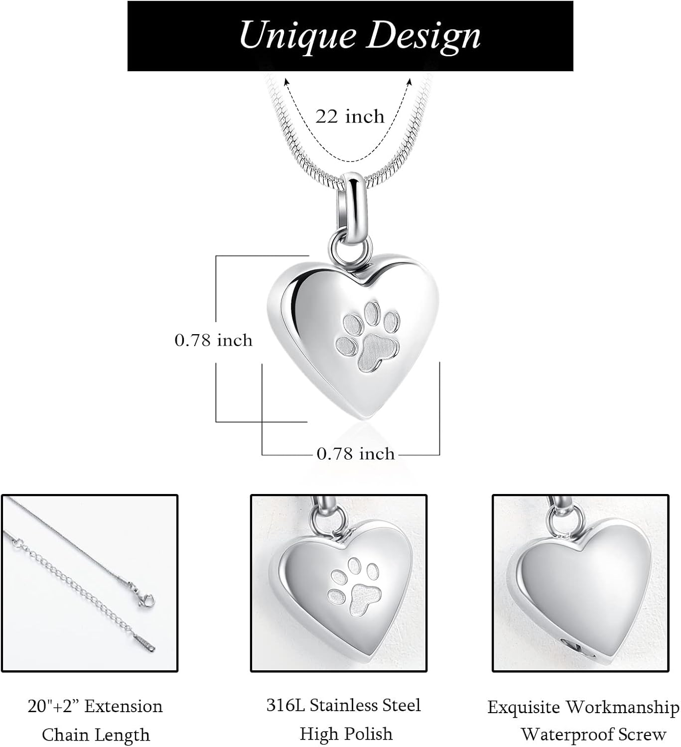 Stainless steel paw print memorial pendant detail