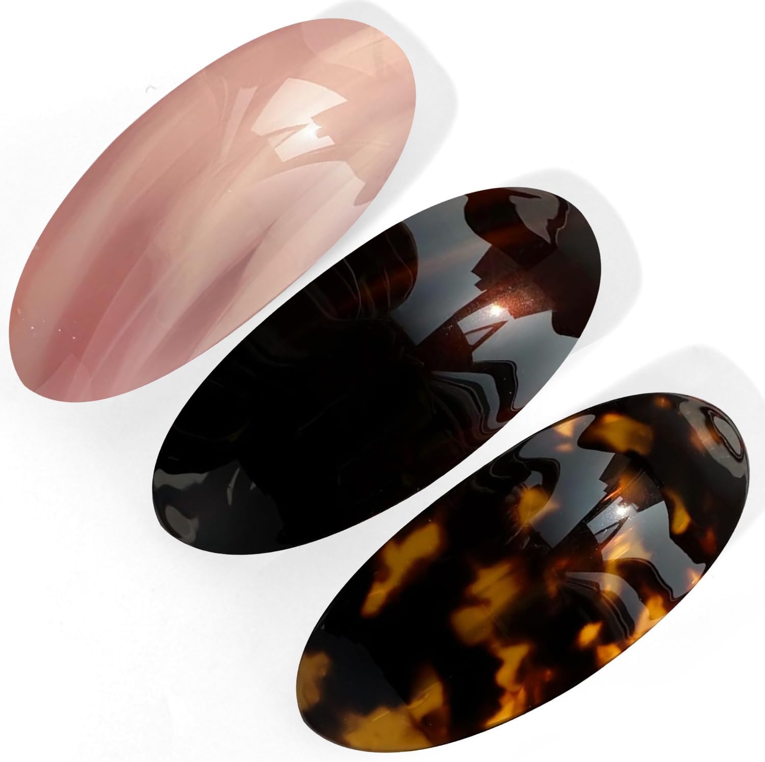 Squishy French hair barrettes front view displaying the premium glossy tortoise shell patterns.