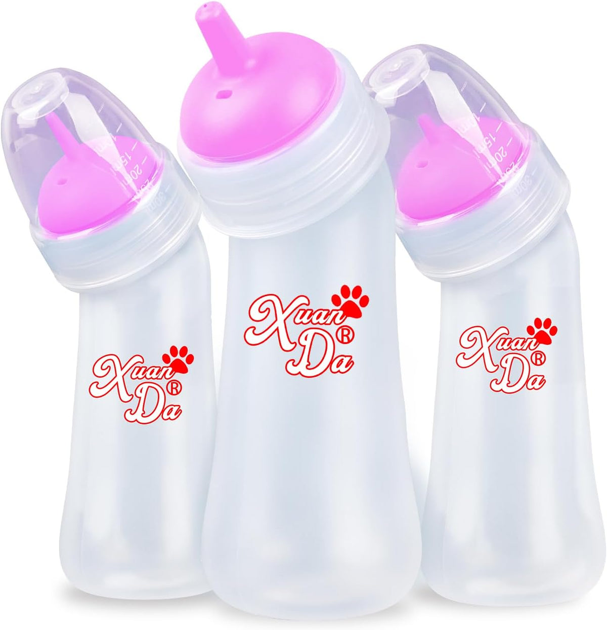 Xuanda pet feeding bottle 3 pack front view showing pink ventilation valve