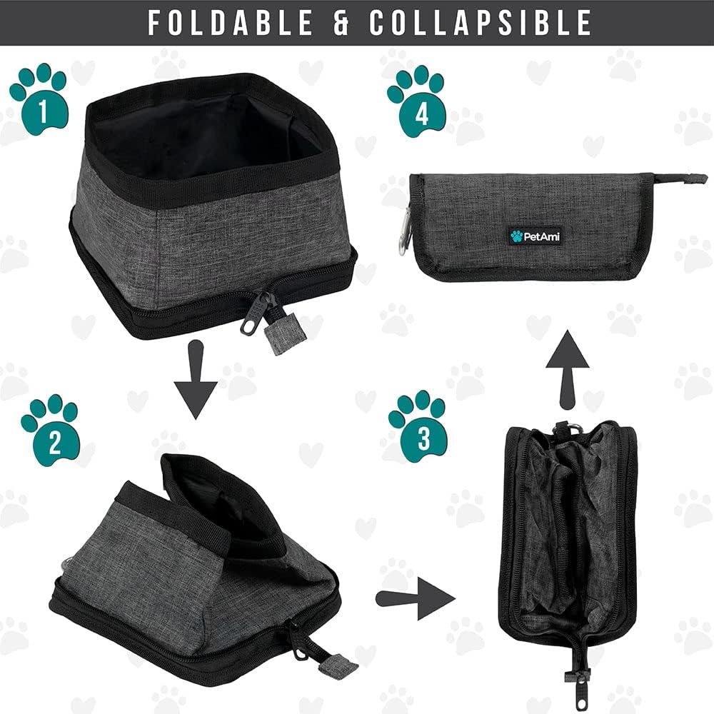 Waterproof 600D polyester cloth pet feeding bowls unfolded for outdoor camping.