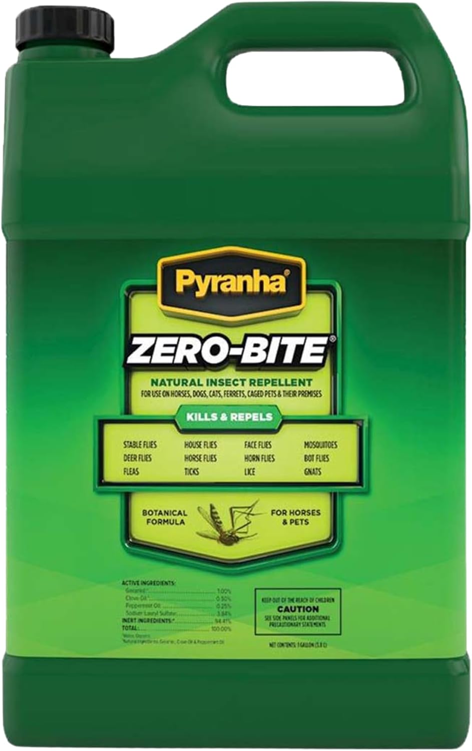 Pyranha oil based horse fly spray label detailing active insecticidal ingredients