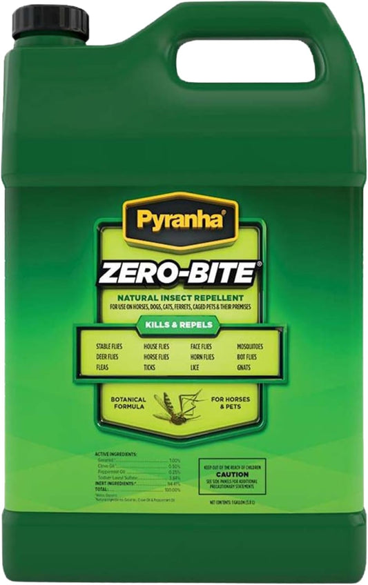 Pyranha oil based horse fly spray label detailing active insecticidal ingredients