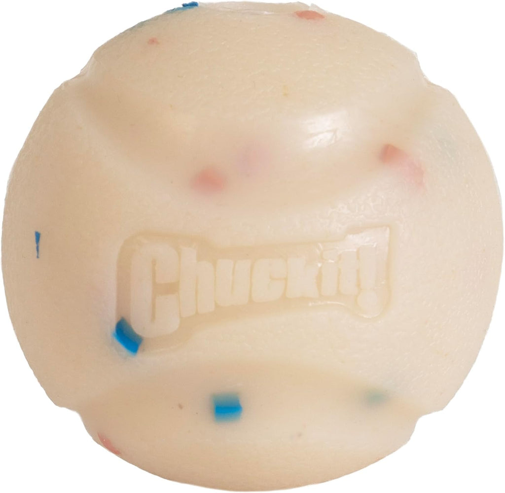 Close up of Chuckit! rubber birthday fetch ball texture