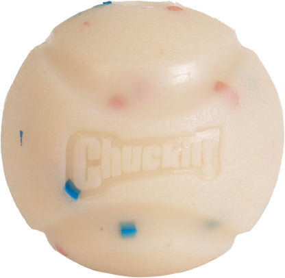 Close up of Chuckit! rubber birthday fetch ball texture