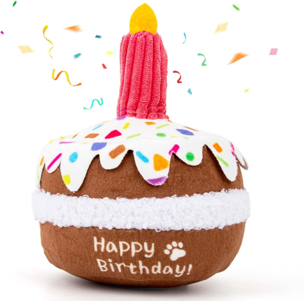 Lilfrd Dog Birthday Cake Squeaky Plush Toy front view showing chocolate cake design with candle