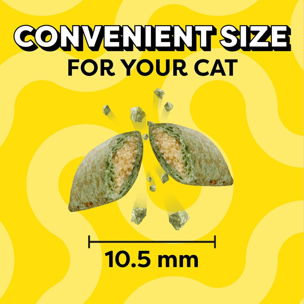 Side profile of Temptations cat treats pouch displaying branding and size