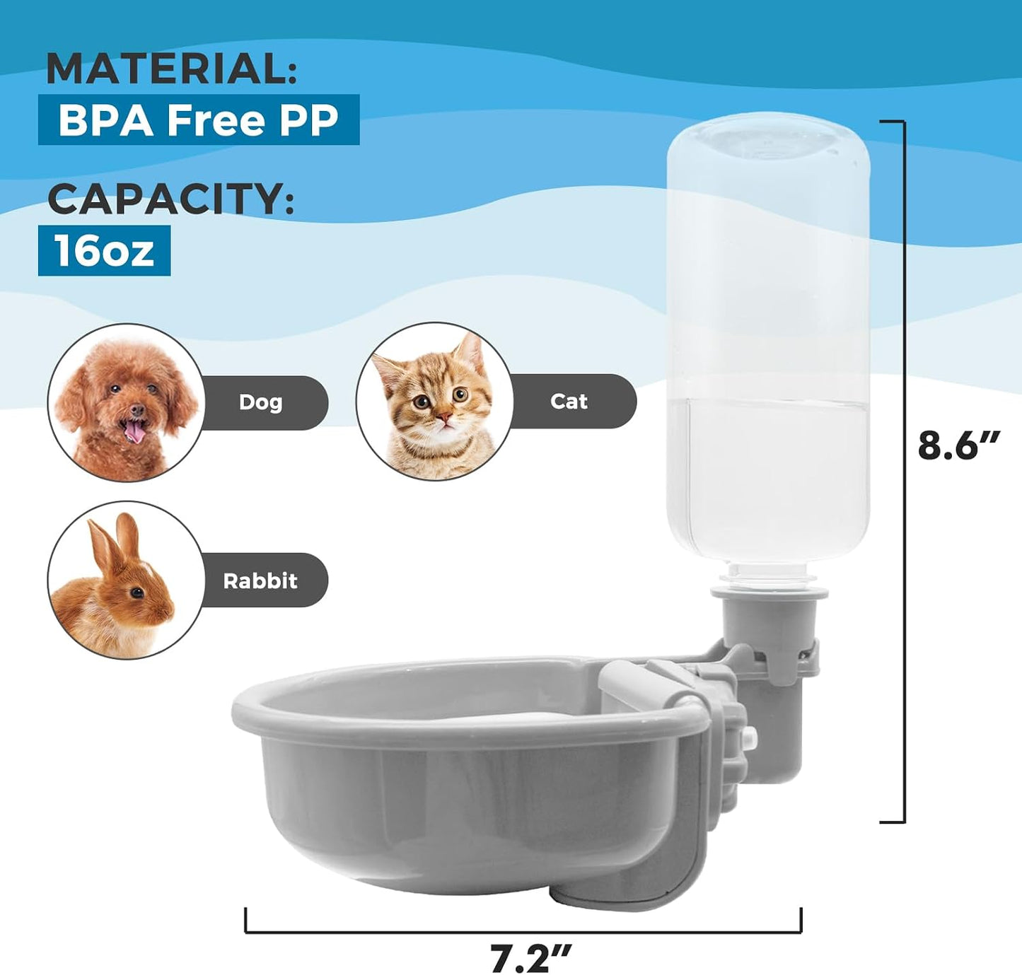 VANNON 16oz Pet Water Bottle, Gravity Dog Water Bowl Dispenser for Cage, Anti-Overflow Water Dispenser for Small Dogs, Cats, Rabbits and Other Small Animals, BPA Free, Grey - Image 6