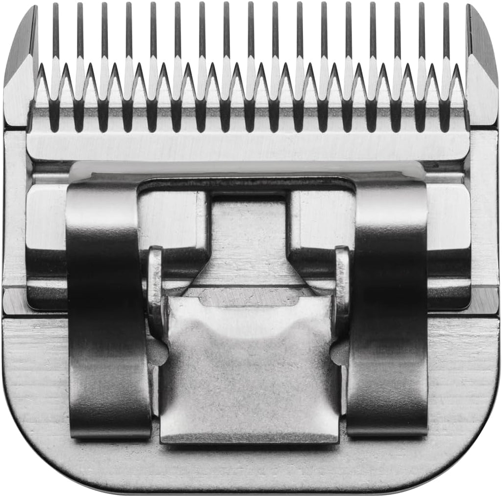 Andis 72615 carbon steel pet clipper blade close up showing deep tooth construction.
