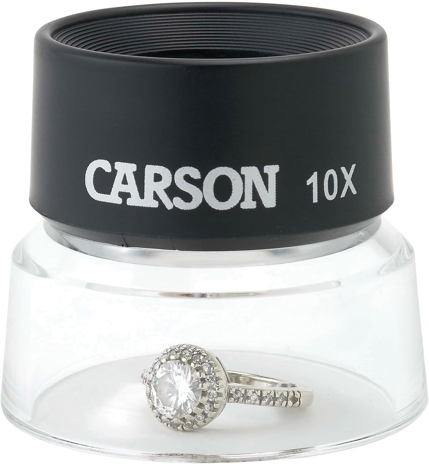 Carson 10x optical loupe showing the black polymer rim and compact design