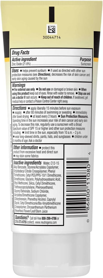 Back packaging of 88ml Neutrogena Sheer Zinc mineral sunscreen showing drug facts and ingredient information